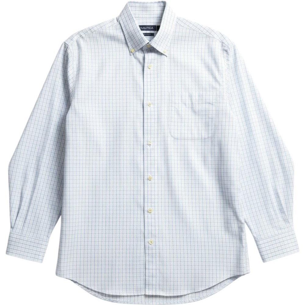 Nautica Mens Dress Shirt Button Down Long Sleeve Plaid White Blue Size 16 32/33